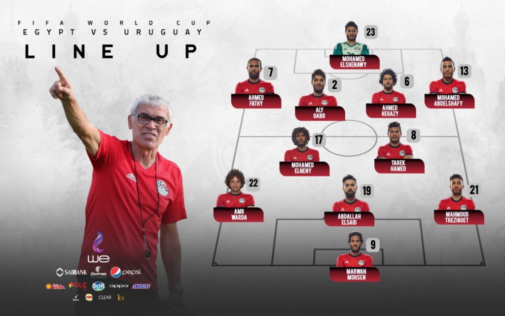 Die Startaufstellung von Ägypten gegen Uruguay am 15.Juni 2018.
